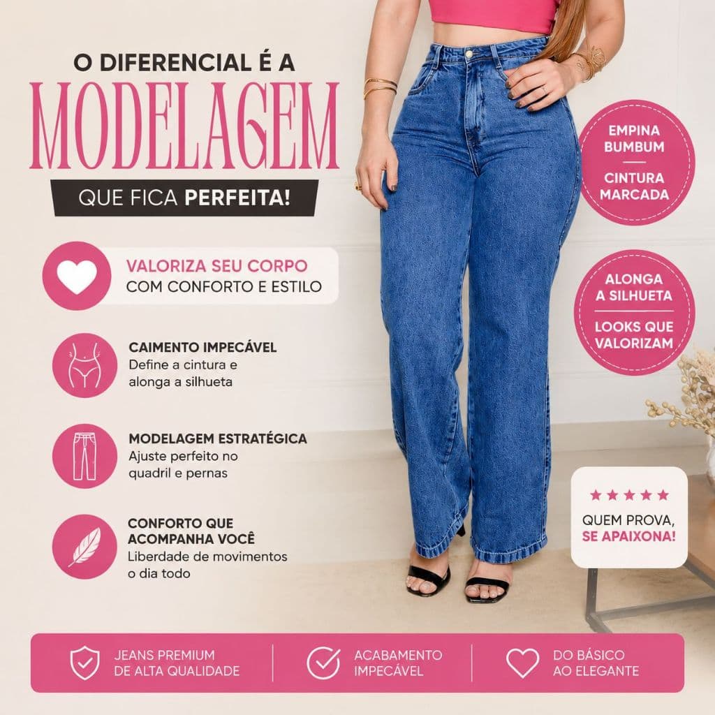 Calça Jeans Feminina Wide Leg Cintura Alta Premium 100% Algodão Empina Bumbum