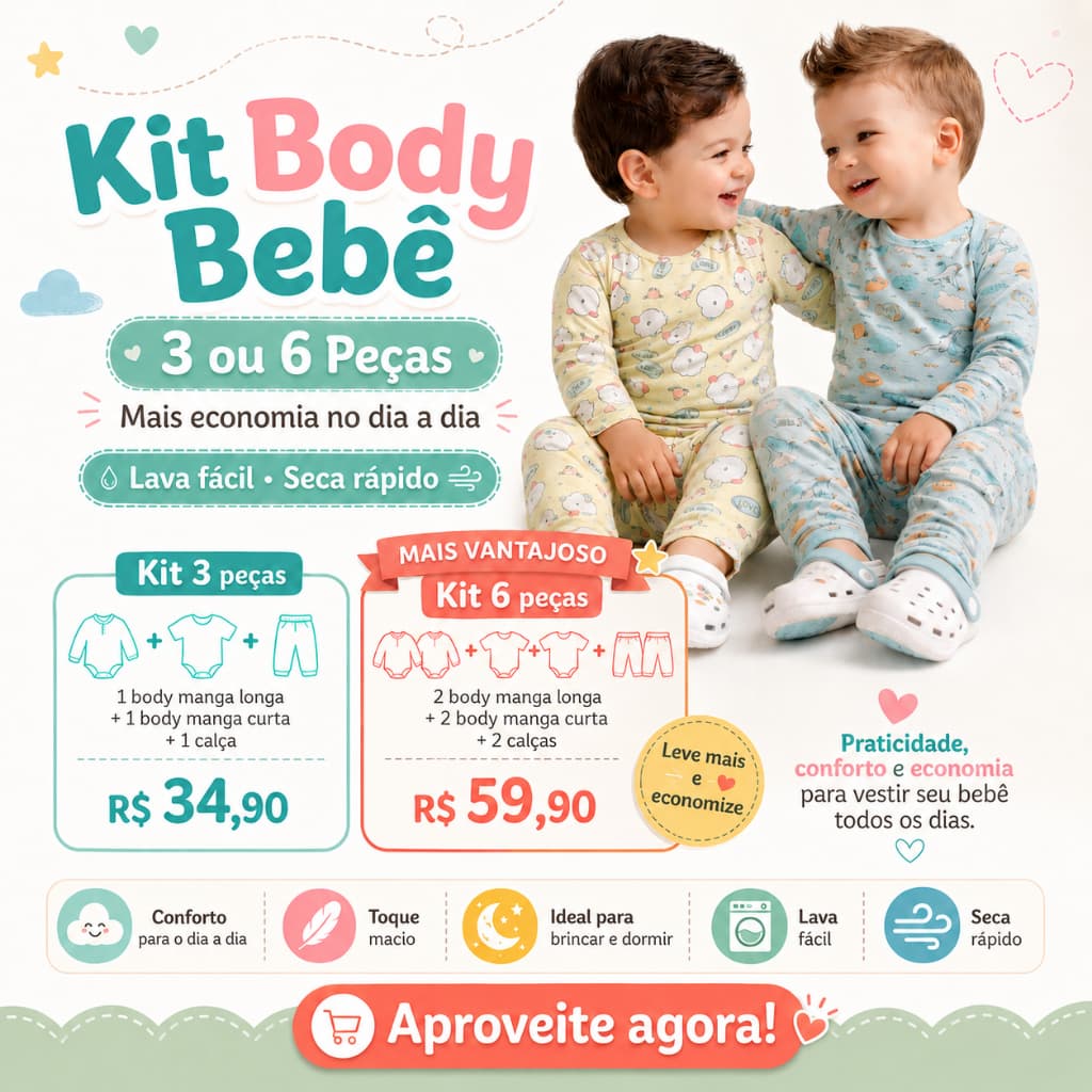 Kit Body Bebê 3 ou 6 Peças Mais Economia no Dia a Dia Lava Fácil Seca Rápido