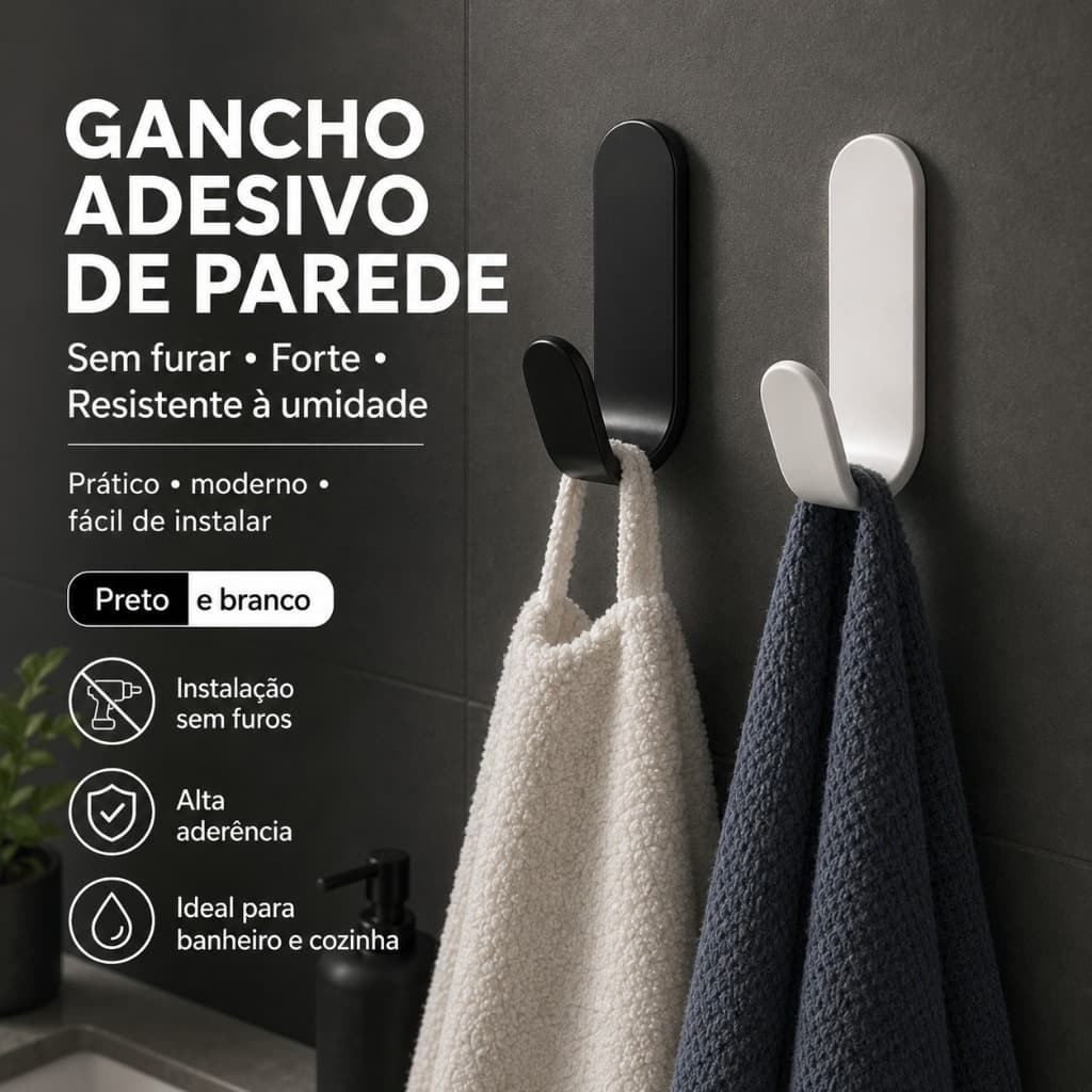 Gancho Adesivo de Parede Sem Furo com Fita Dupla Face Porta Toalha Banheiro Cozinha Preto Branco