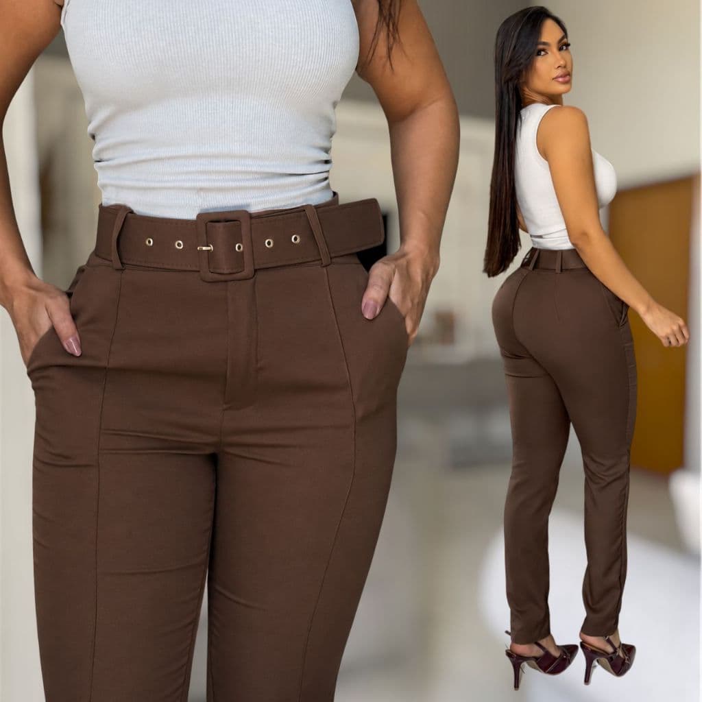 Calça Feminina Skinny Com Cinto Alfaiataria Casual Social Justa Com Bolsos Chique