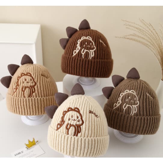 Gorro infantil estilo japonês e coreano, ideal para outono e inverno, com estampa de dinossauro, cor sólida, aba enrolad
