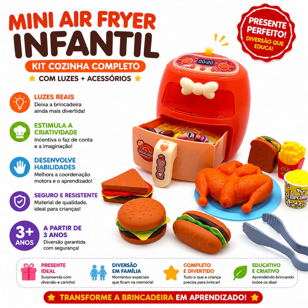 Kit mini Air Fryer Infantil Brinquedo Cozinha Completo com Luzes Mini Fritadeira