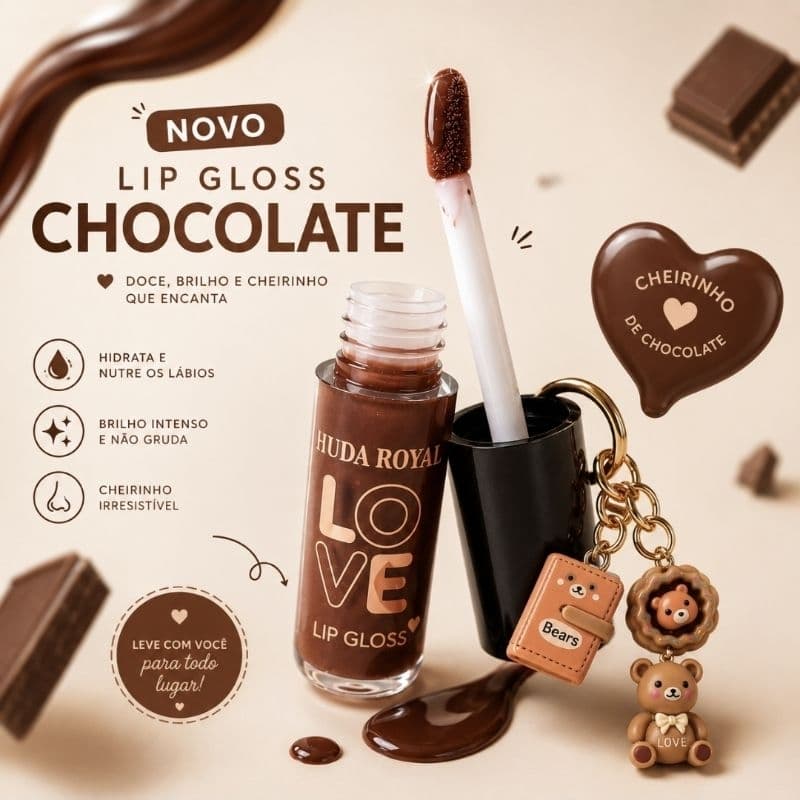 Lip Gloss Chocolate Chaveiro Ursinho Hidrata Brilho Labial Cheirinho de Chocolate