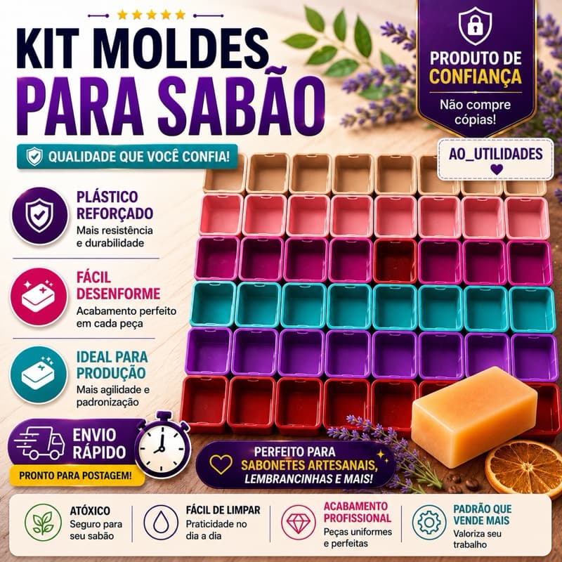 Kit 50 30 e 20 Formas Sabão e Sabonete 250ml Artesanal Plástico Reforçado Molde Barra Multiuso Acompanha Tampa
