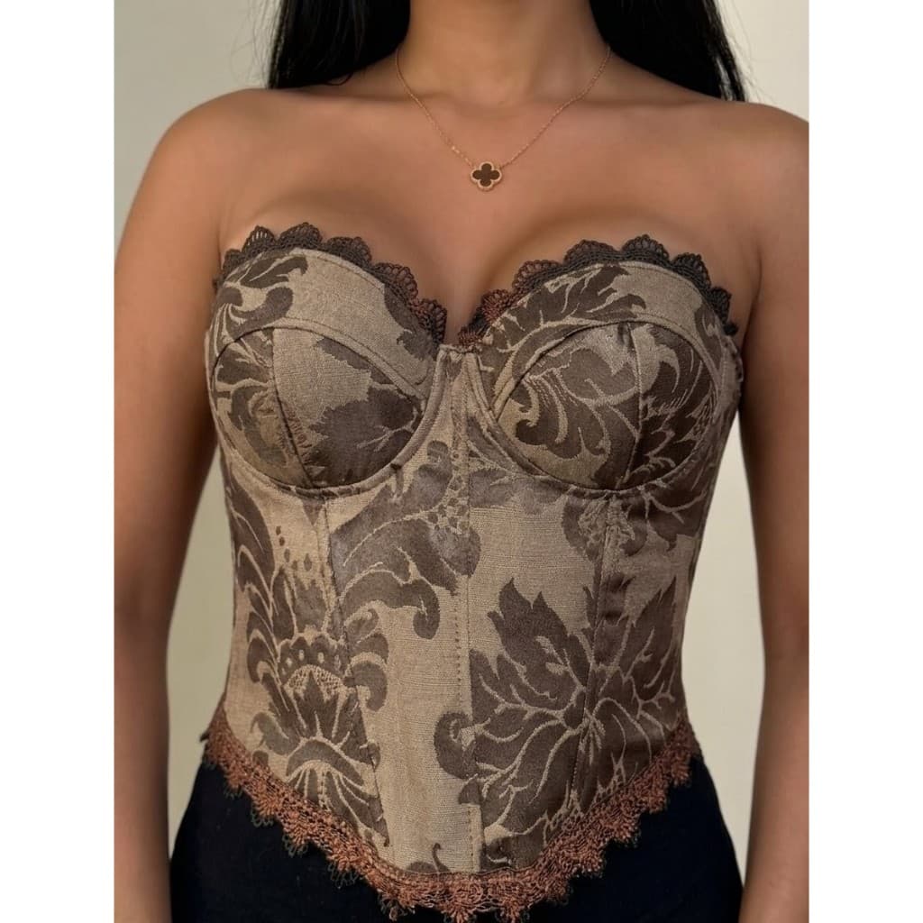 CORSET Femenino TOP  CROPPED com bojo e amarração trasseira TENDENCIA 2026 tecido JACQUAR