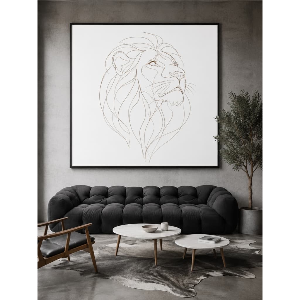 Quadro Decorativo Leão Minimalista Branco Traço Fino Luxo Grande Sala Moderno Hall Escritório