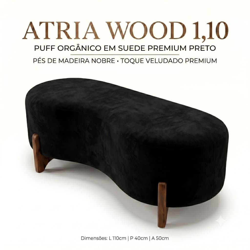 Puff Atria Wood 1,10m Suede Preto • Peça Decorativa Premium • Design Minimalista Sofisticado
