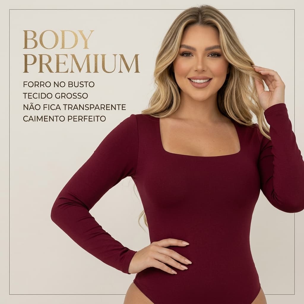 Kit 2 Body Manga Longa Feminino Forro Duplo Segunda Pele Casual Moderno Decote Quadrado Elegante
