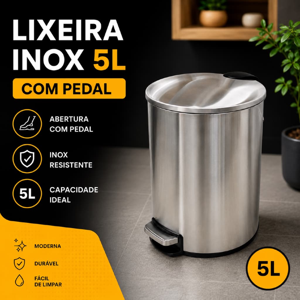 Lixeira Slim 5 Litros Inox Pedal Cozinha Escritório Banheiro