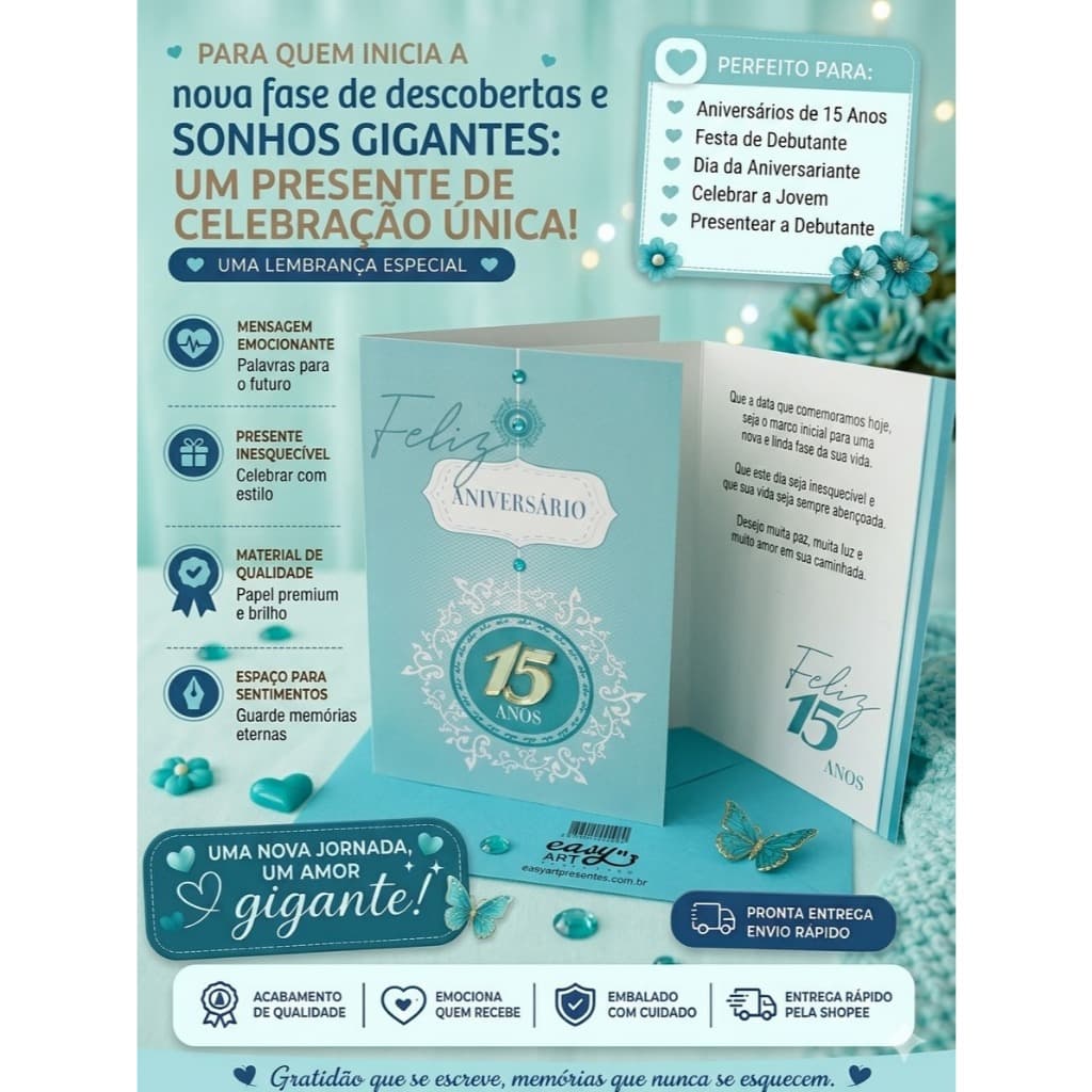Cartão Comemorativo Grande 19x13 | Aniversário de 15 Anos | Cartão com Envelope e  Mensagem Especial