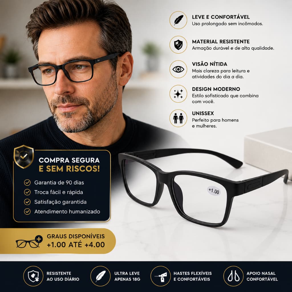 Óculos Grau Leitura Descanso Para perto Vivere Vision Moderno Conforto Premium Unissex