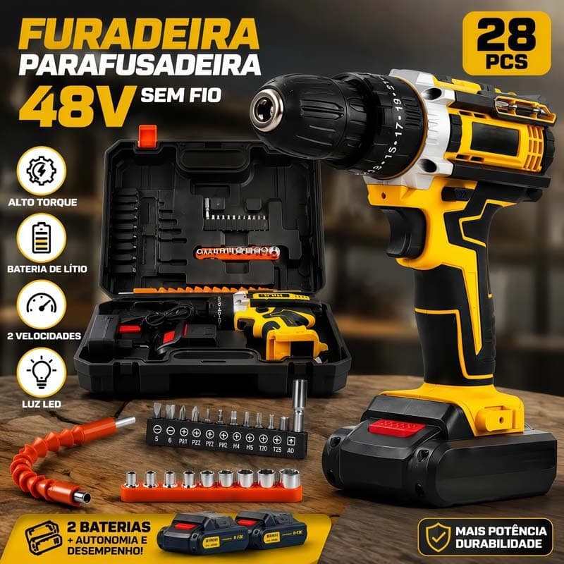 Jogo de Furadeira Parafusadeira de Impacto 48V Bivolt 2 Baterias 28 Acessórios Multifuncional Furadeira Pesada