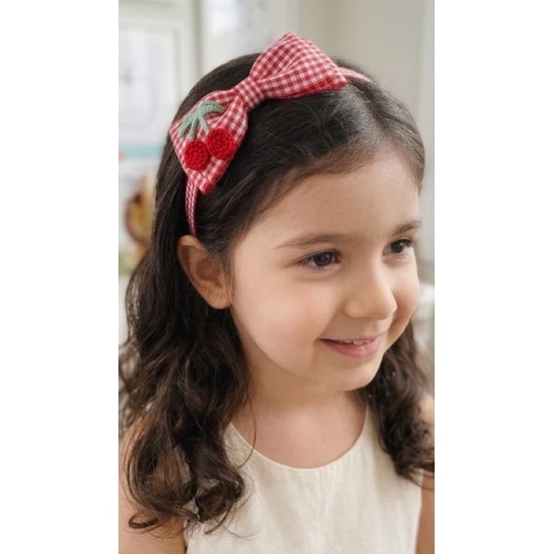 Arco de cabelo cerejinhaTiara resistente infantil de cerejinha bordada e laço xadrez,cereja vermelha
