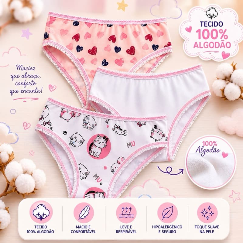 Calcinha Infantil Kit com 12 Menina Algodão Estampadas Qualidade