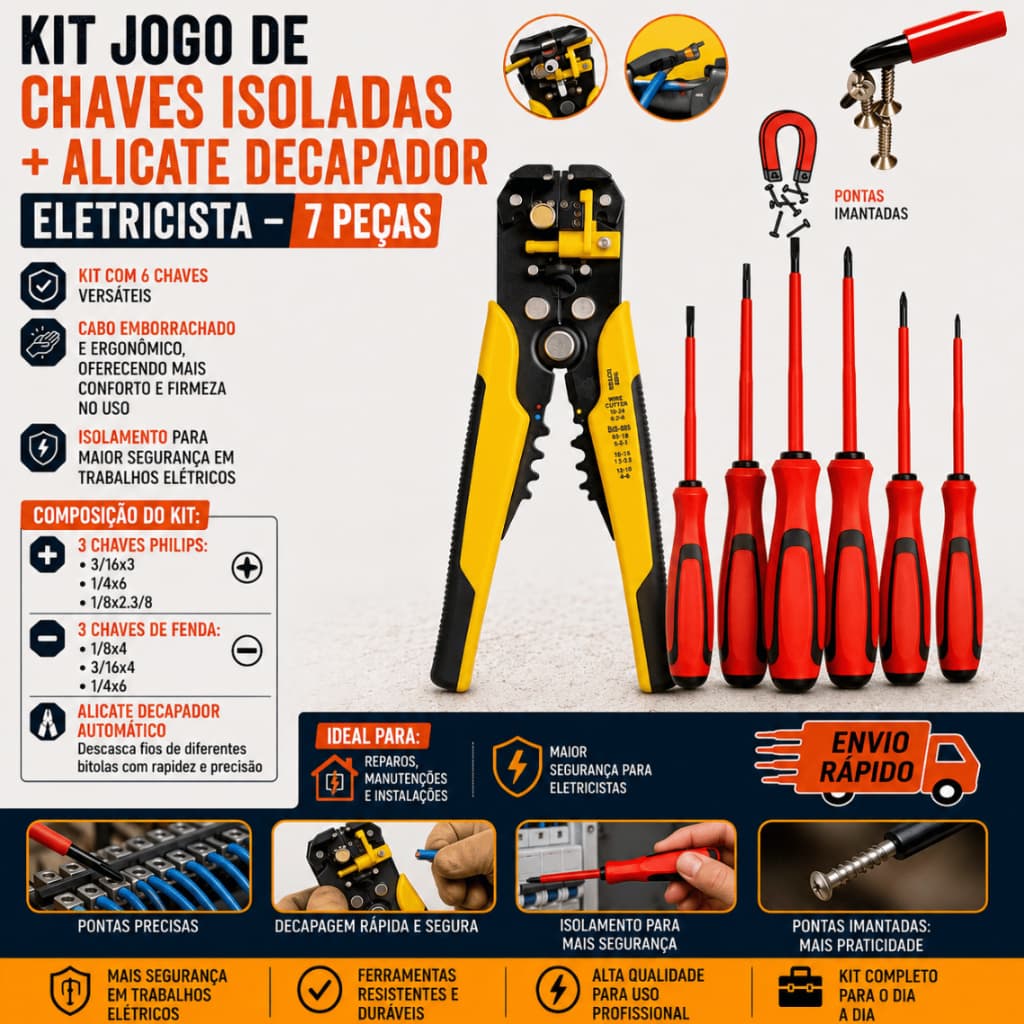 Kit Chave De Fenda e Philips imantada e Alicate decapador, Descascador e Crimpador
