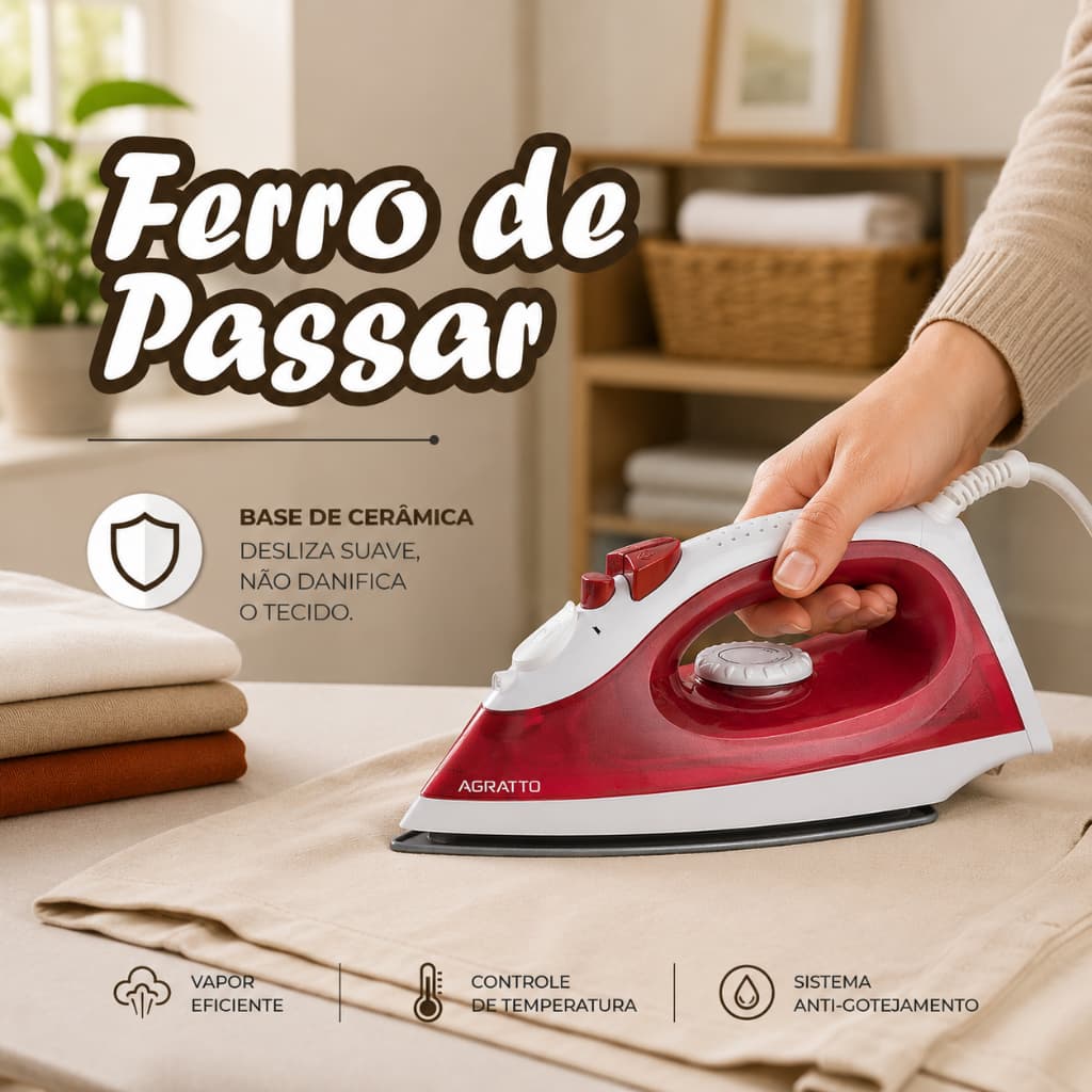 Ferro de Passar Passa Rápido Base Ferro de Roupa Ceramica Anriaderente Ferro a Vapor 127V Agratto