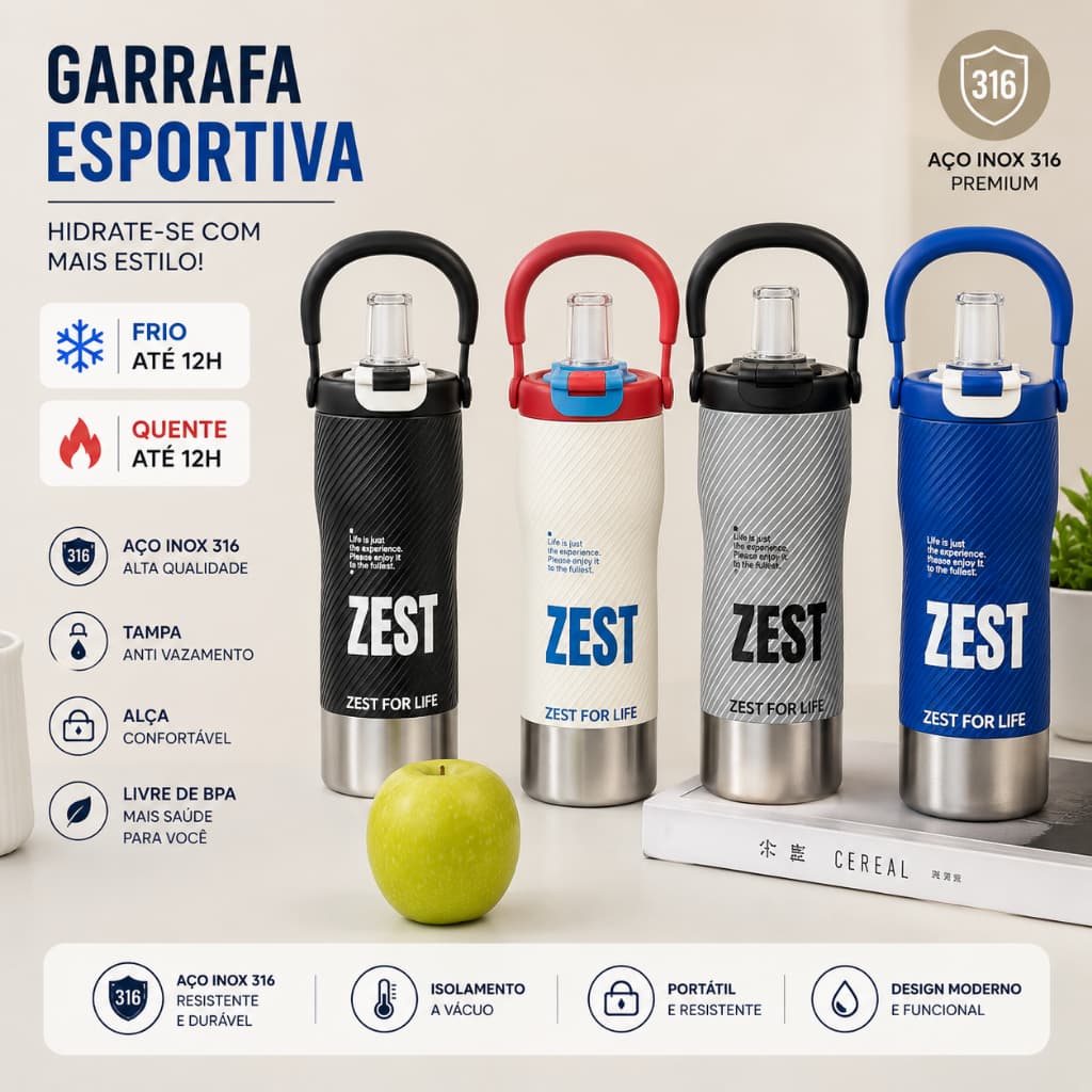Garrafa Termica Inox 800ml 316 Mantem Temperatura Bebidas Quentes e Frias Parede Dupla Vacuo Duravel