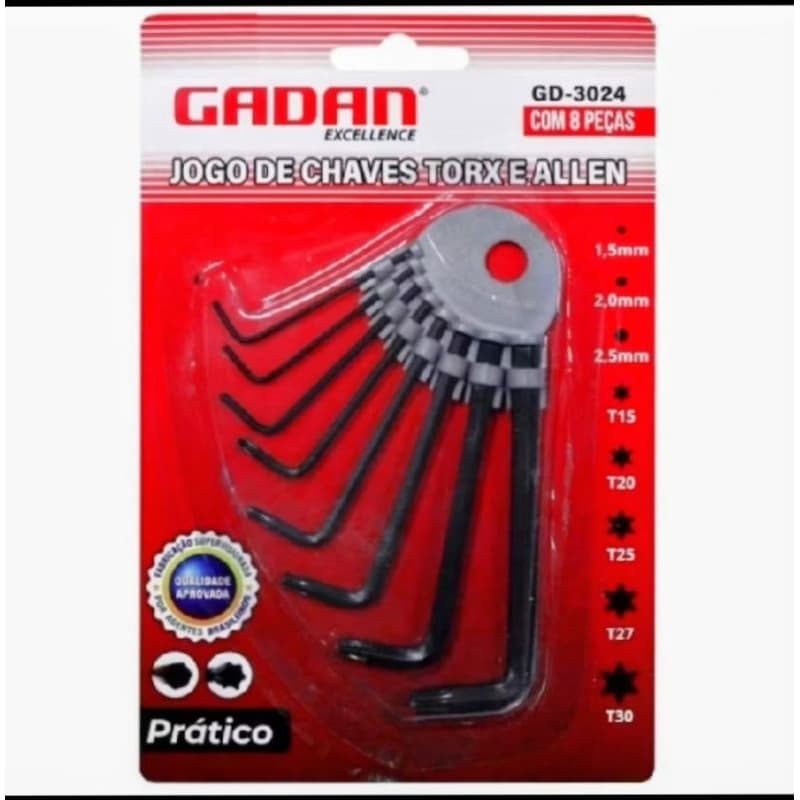 Jogo Chave Torx Allen 8 Pçs GADAN 1,5/2/2,5/T15/T20/T25/T27/T30