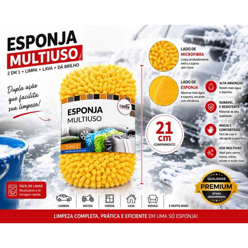 Esponja Multiuso 2 em 1 ideal Casa Carro Dia a Dia