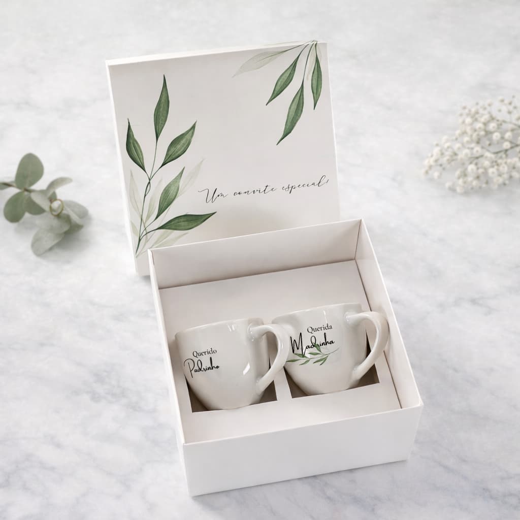 Kit 11 Caixas casais com Xícaras de porcelana + 2 kits solteiros para padrinhos de casamento personalizada