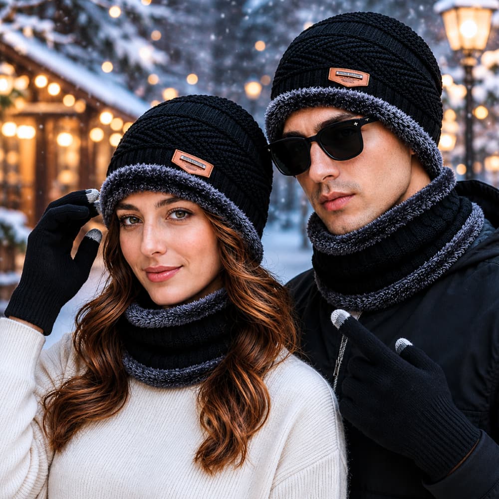 Kit Inverno Gorro Touca de Frio Lã + Protetor de Pescoço Gola Forrada Cachecol Feminino e Masculino