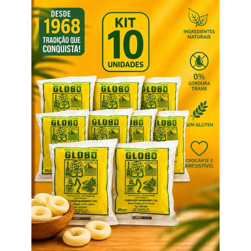 kit 10 unidade Biscoito Globo Rio de Janeiro, Salgado, 10 Pacotes 30g