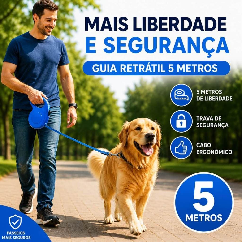Guia Retrátil 5m Para Cachorro Com Trava Segurança Coleira Passeio Cães Pets