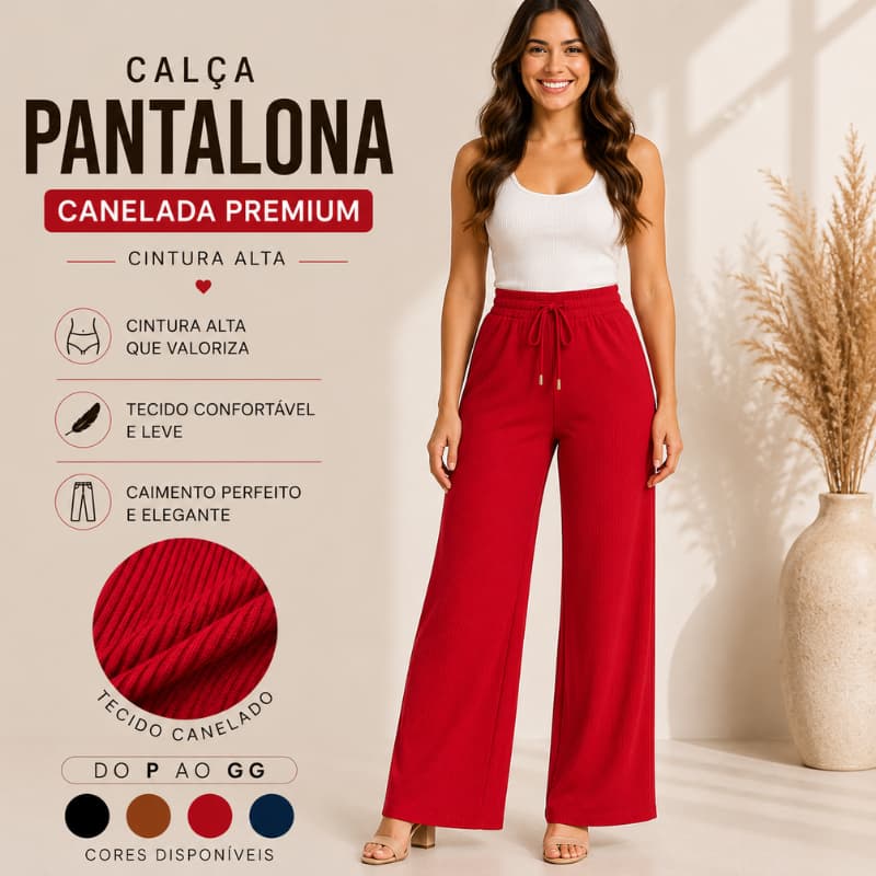 Calça Feminina Pantalona Canelada Cintura Alta Wide Leg Elegante Confortável |3785| Promoção