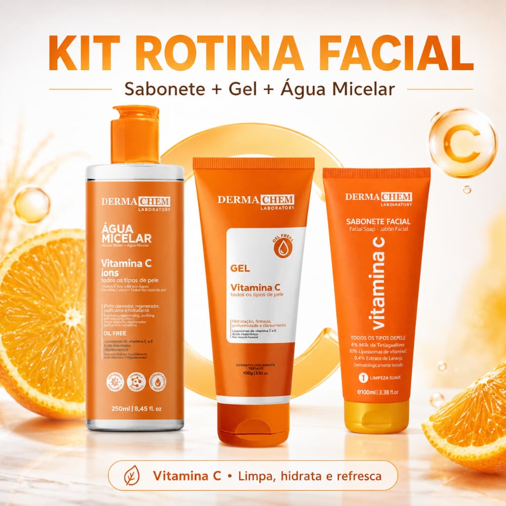 Kit Rotina Facial Vitamina C Dermachem Água Micelar 250ml + Gel Facial 100g + Sabonete 100ml