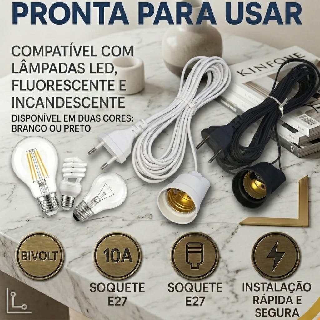 Extensão Bocal E27 Fio Elétrico Soquete Lâmpada LED Fluorescente Incandescente Bivolt 10A Instalação