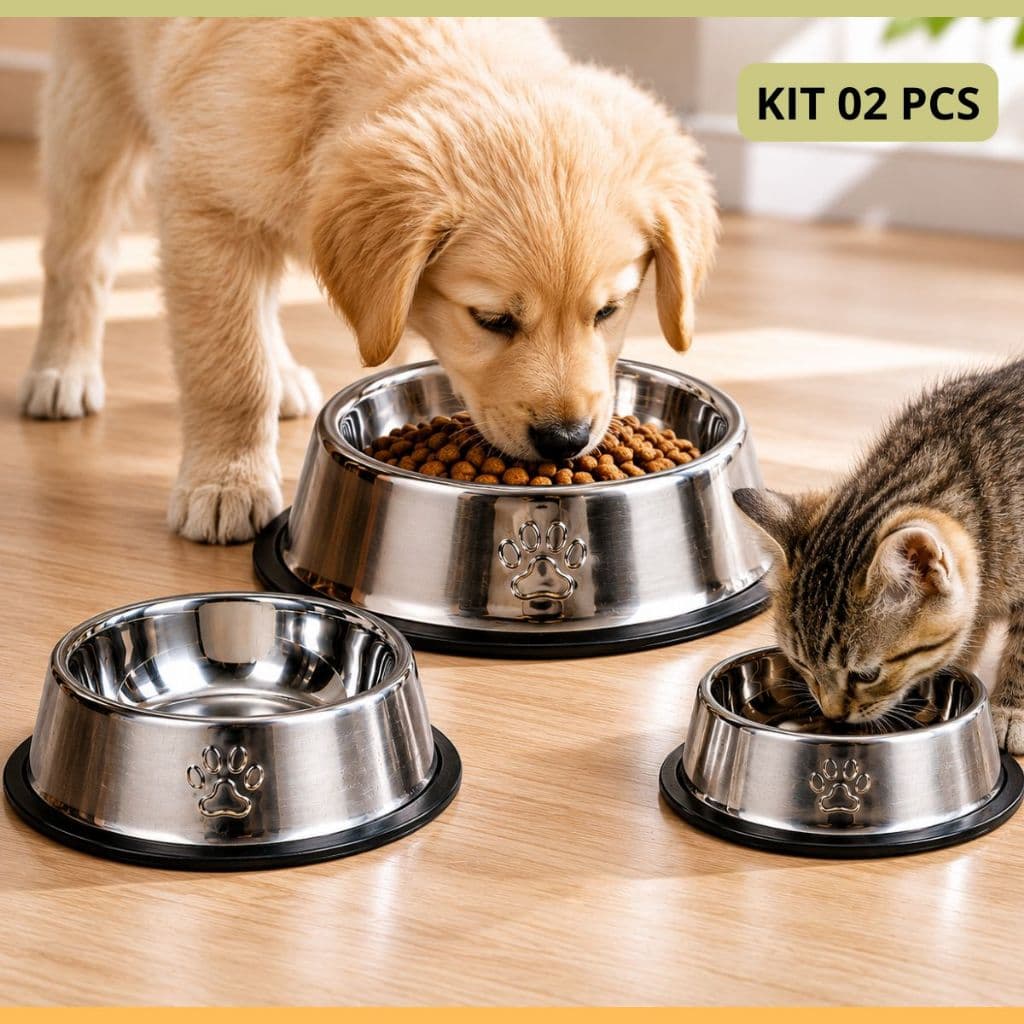Kit 1/2 Comedouro Bebedouro Inox Antiderrapante Tigela Pote Ração Água Cachorro Gato Pet  PP P M G