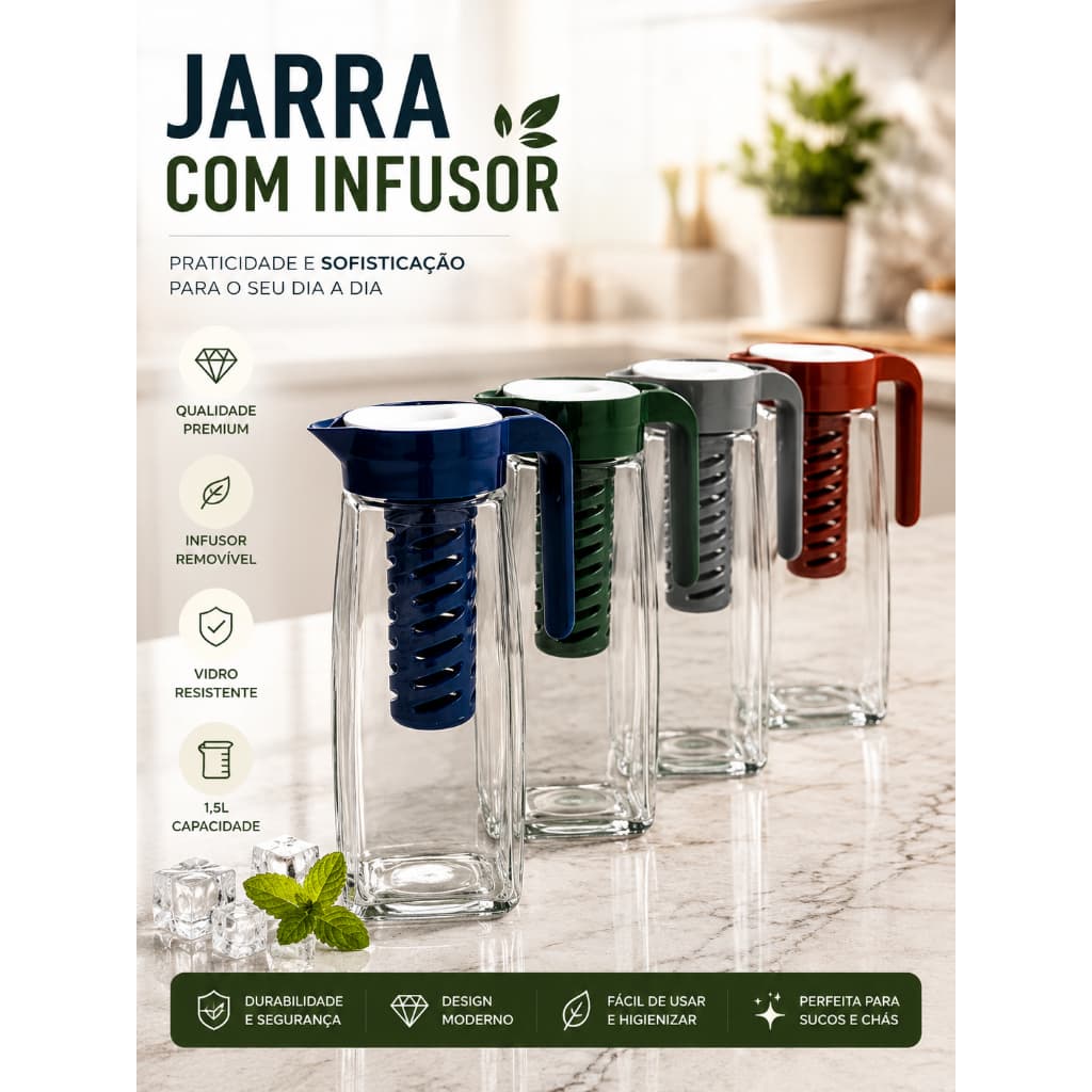 Jarra de Vidro com Filtro Infusor e Tampa – Ideal para Sucos Drinks Chá Gelado Suco Detox1,5L