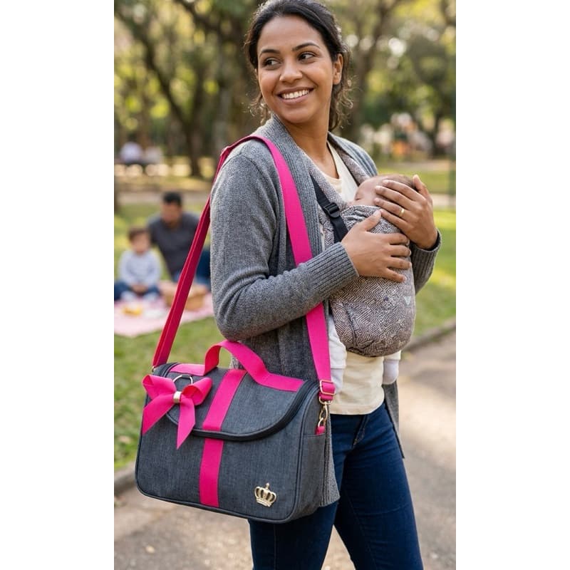 Bolsa Lateral Preta/Pink M Bebe Maternidade Linho