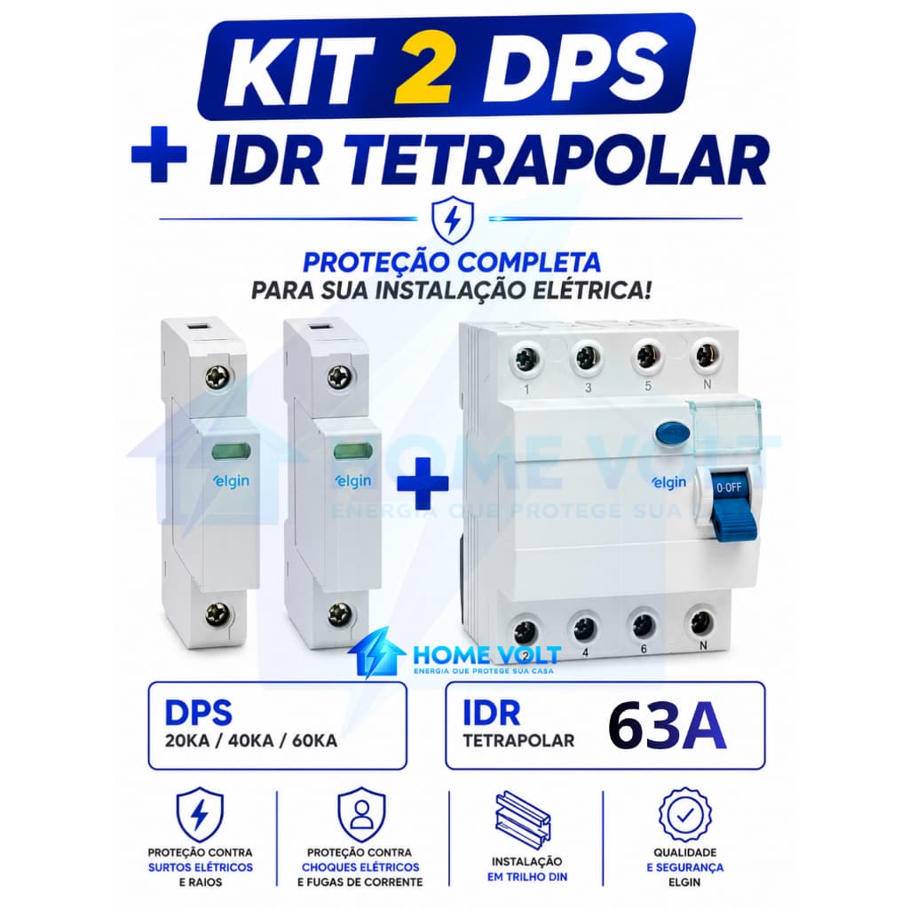 Kit 2 DPS Elgin 20kA 40kA Ou 60kA + IDR Tetrapolar 63A Proteção Completa INMETRO Bivolt Certificado!