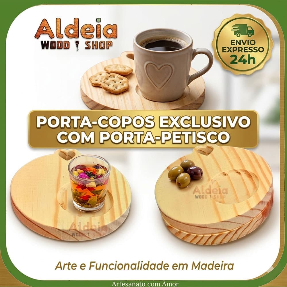 Jogo Pires Madeira Coração Pinus Mesa Posta Porta Xícara Porta copos