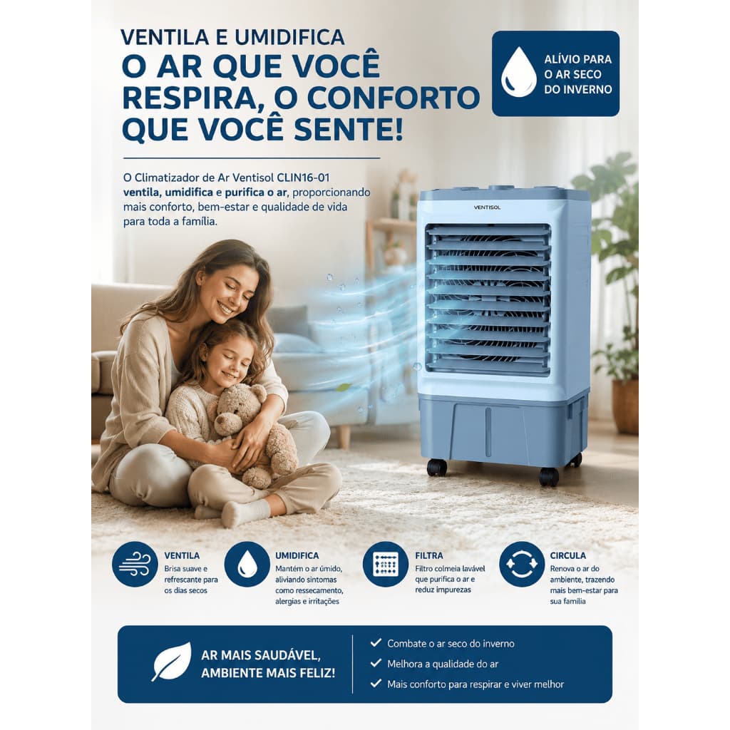 Climatizador de Ar Ventisol CLIN16-01, 16 Litros, 130W, Branco/Cinza