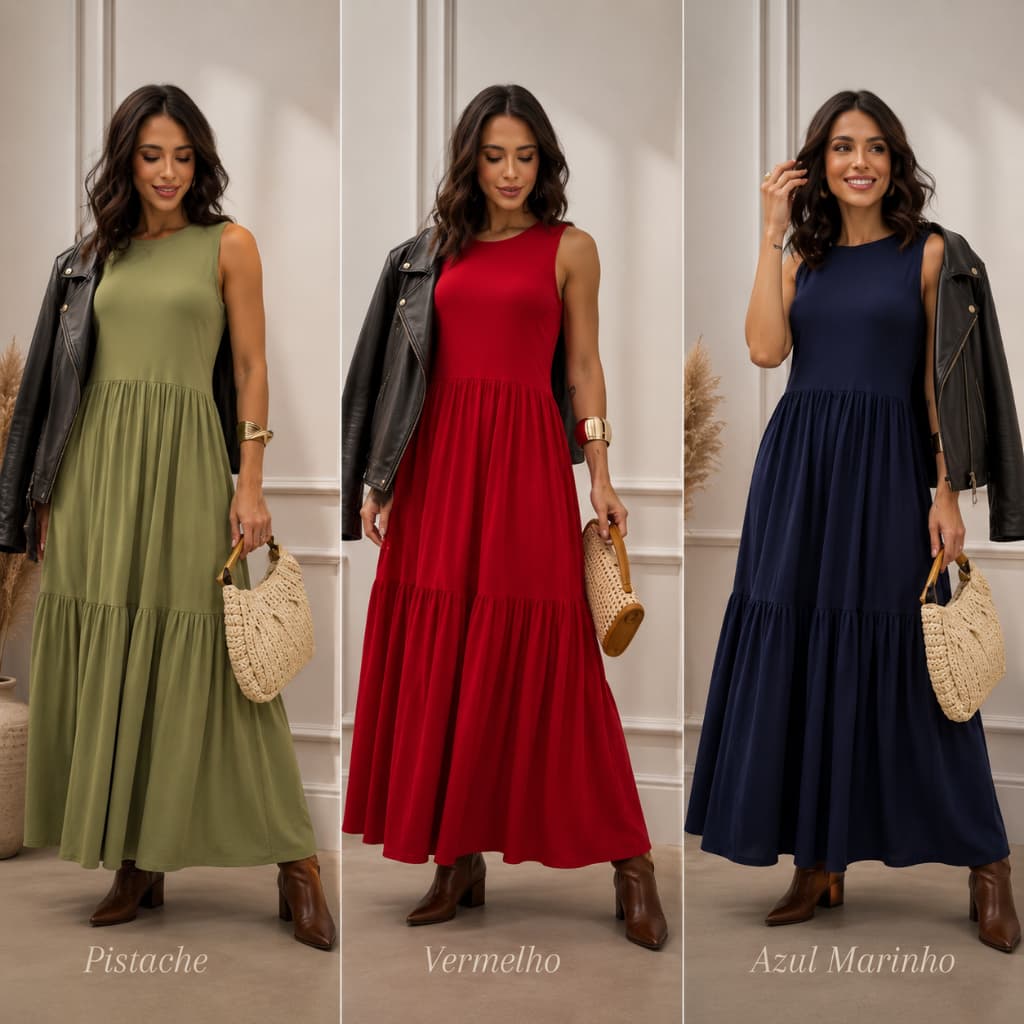 Vestido Longo Feminino 3 Marias Cavado Malha Versátil Inverno e Verão Casual Elegante 502