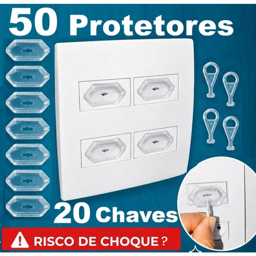Kit 50 Protetores de Tomada com 20 Chaves Transparente Bebê Segurança Proteção Choque