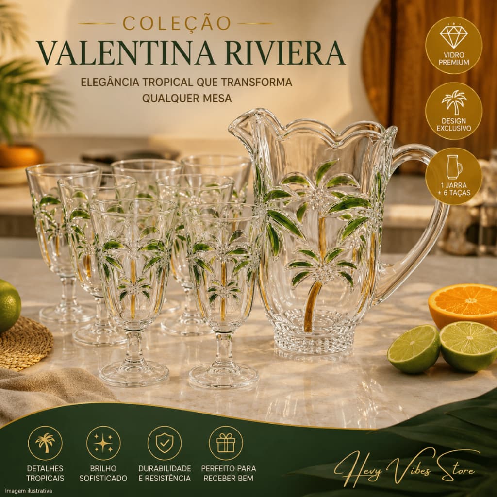 Jogo Jarra 1,5L e Taças 230ml Vidro Mesa Posta Palmeira Palm Lyor Hand Painting Grosso Mesa Posta