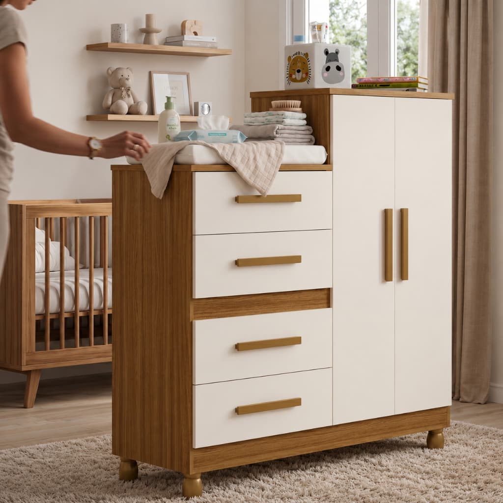 Cômoda Infantil com Trocador 4 Gavetas Guarda Roupa Bebê Multifuncional Quarto Infantil Organizador