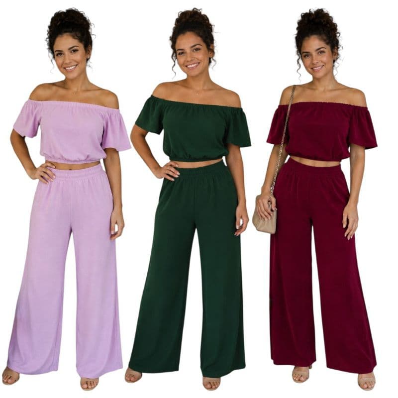 CONJUNTO FEMININO PANTALONA OMBRO A OMBRO, PERFEITO PARA FESTA, PASSEIO, JANTAR , ANIVERSÁRIO EVENTOS.VERDE,VINHO, LILÁ.