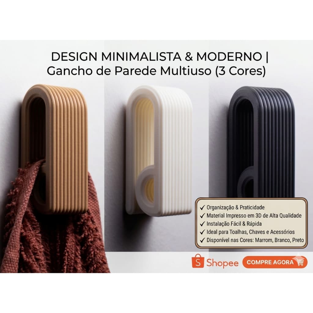 Gancho De Parede Multiuso Minimalista Adesivo Toalha Chaves Quarto Banheiro Organizador Impressão 3D com 3 ou 6 unidades