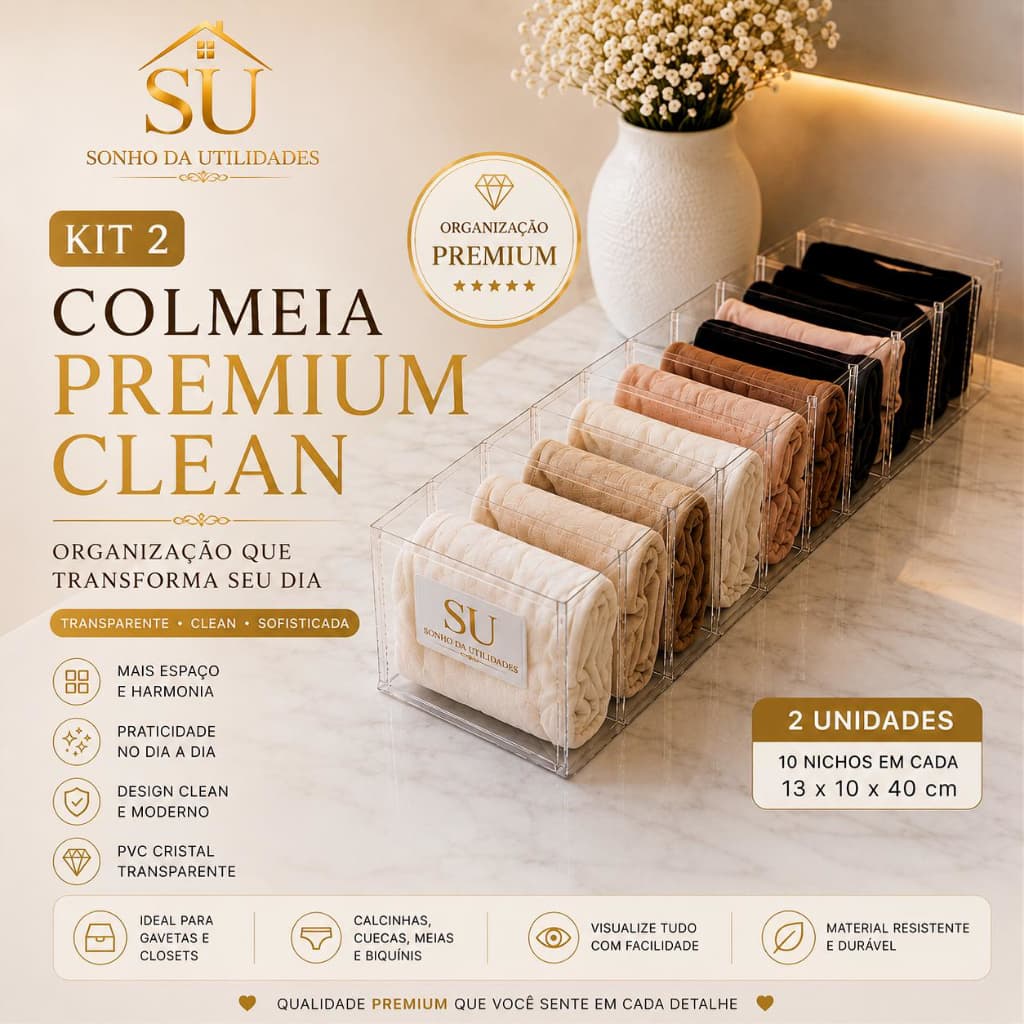 Kit 2 Colmeias Organizadoras Premium Clean Transparente PVC Cristal 10 Nichos 13x10x40 SU SONHO