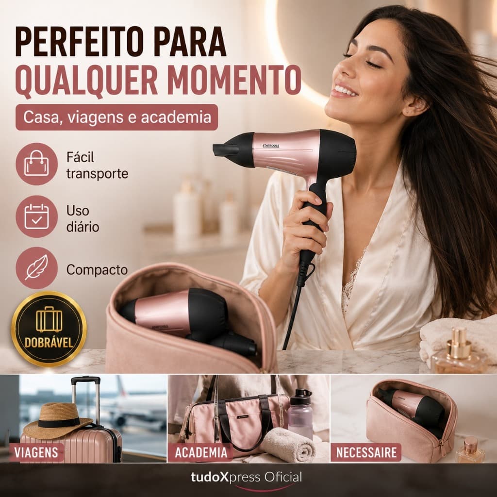 Secador de Cabelo Portátil Bivolt Rosa 1200W Compacto Viagem