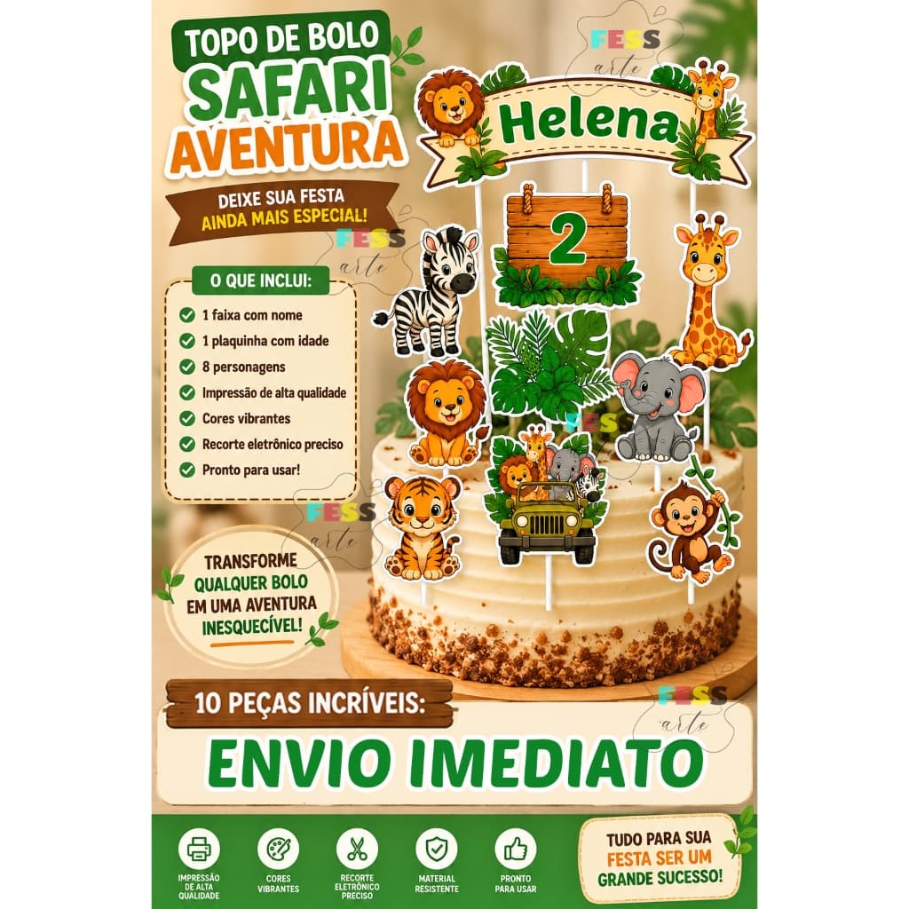 topo de bolo safari fazendinha personalizado mesversário 10 peças nome e idade decoração tag