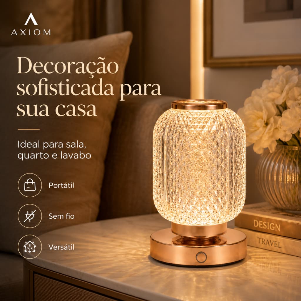 Abajur De Mesa LED Axiom Luminária Sem Fio Touch 3 Cores Bivolt Acrílico Quarto Sala