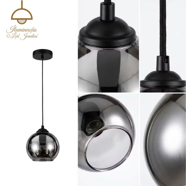 Pendente Globo Esfera Fumê Moderno 40W Bivolt Decorativo Iluminação Luminária Minimalista