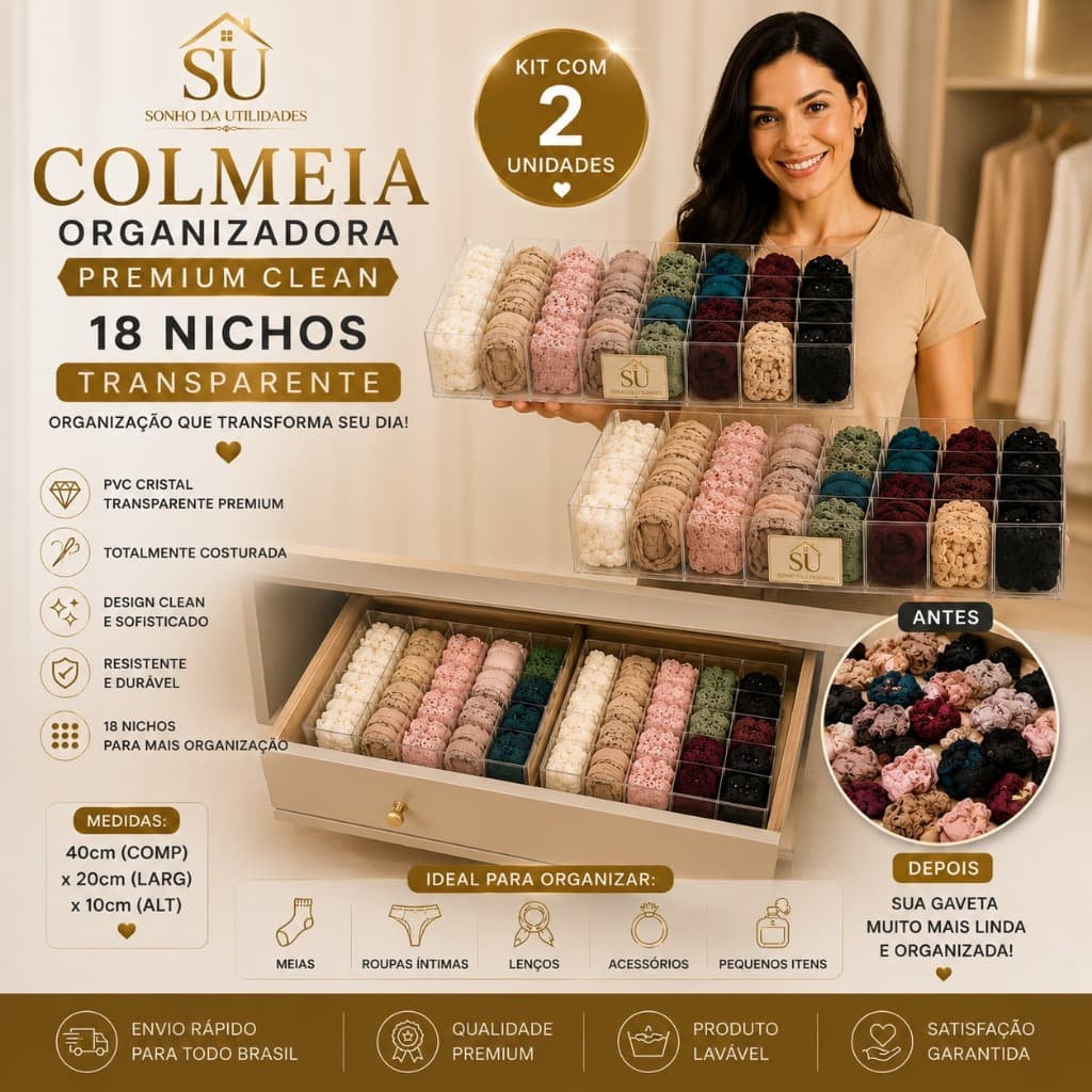 Kit 2 Colmeias Organizadoras Premium Clean Transparente 18 Nichos PVC Cristal Costurada - SU Sonho