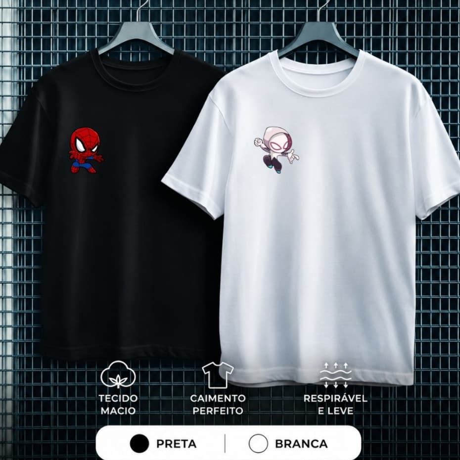 Camisetas Casal Heróis Marvel Combinando Homem Aranha e Gwen Stacy Geek