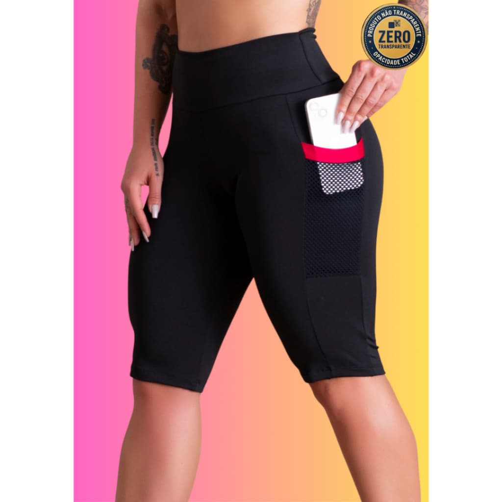 Bermuda Ciclista Feminina Cintura Alta Fitness Academia Bolso Lateral Tela RIQ Modas
